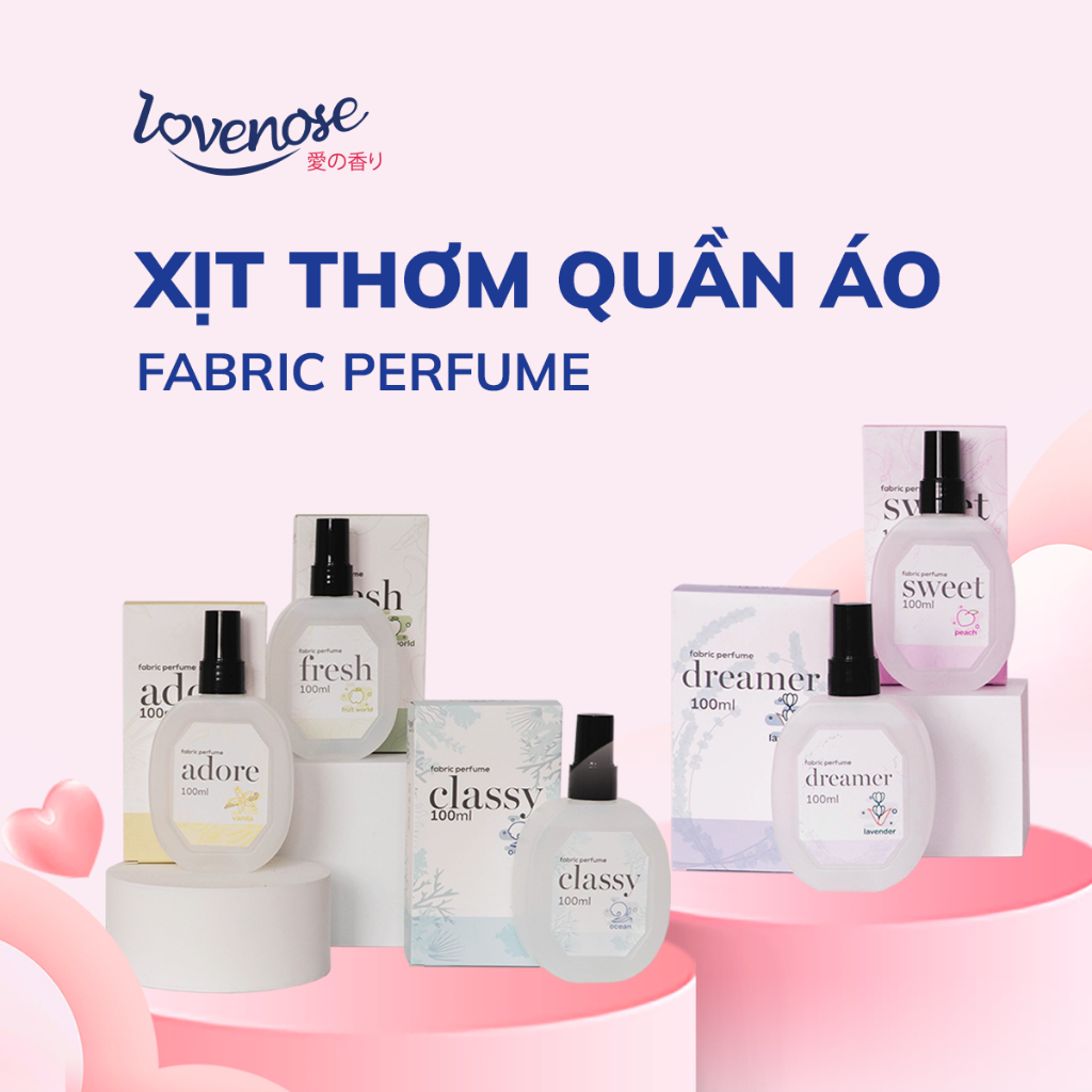 Xịt thơm quần áo Lovenose 100ml chiết xuất tinh dầu thiên nhiên thơm mát khửi mùi hôi, chai xịt thơm