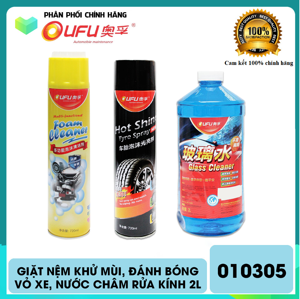 Combo 3 chai chăm sóc ô tô OUFU : Giặt nệm khử mùi, Đánh bóng vỏ xe, Nước châm rửa kính 2L 010305