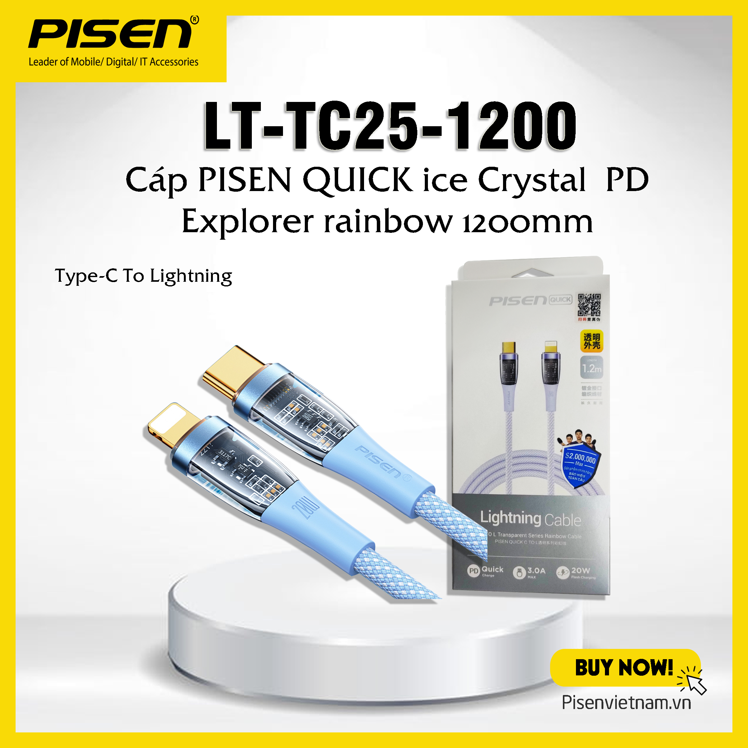 Cáp cao cấp Pisen Quick Ice Crystal PD Explorer Rainbow 1200mm, Type-C to Lightning sạc nhanh 20W (L