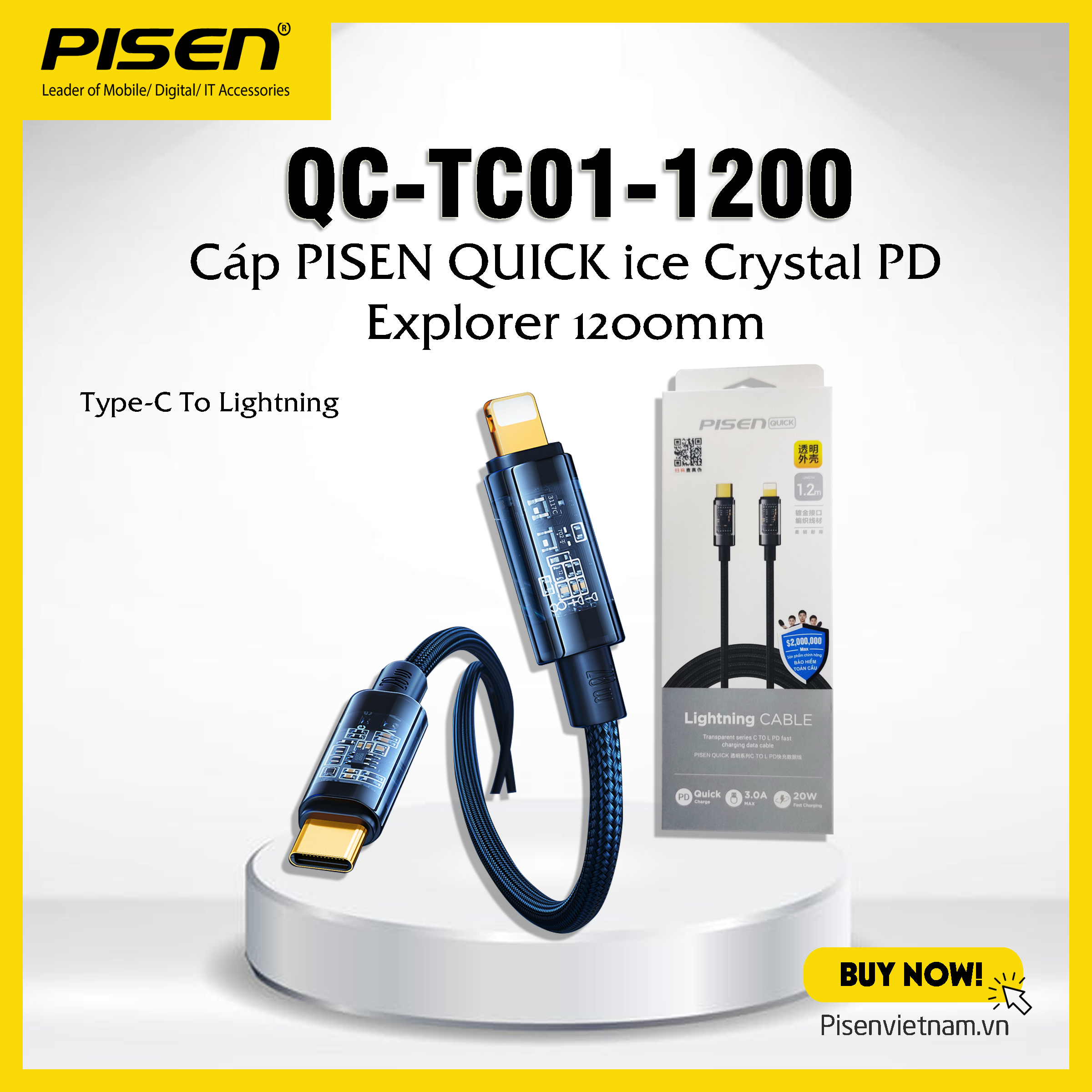Cáp sạc Iphone cao cấp Pisen Quick Ice Crystal PD Explorer 1200mm, Type-C to Lightning sạc nhanh 20W