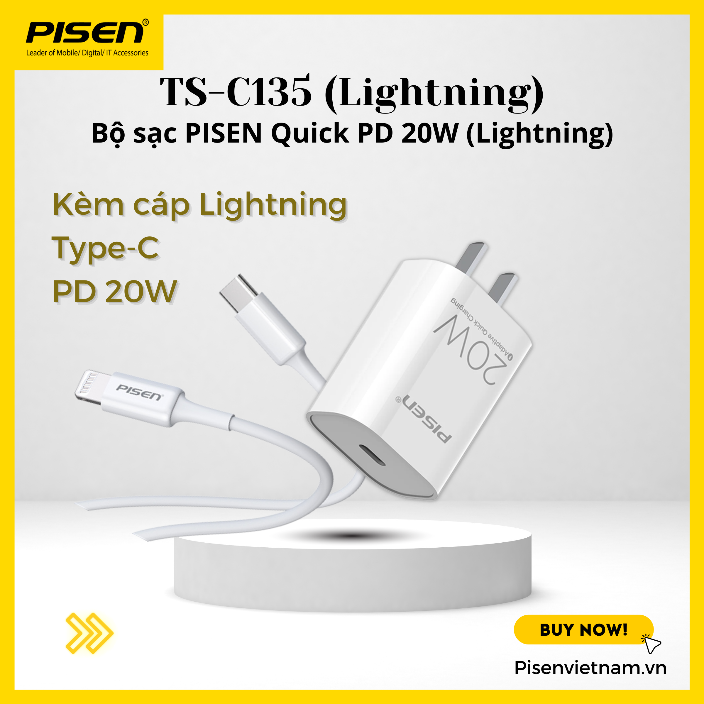 Bộ sạc nhanh 20W - PISEN QUICK PD 20W (Lightning ) TS-C135  - Bảo Hành 18 tháng
