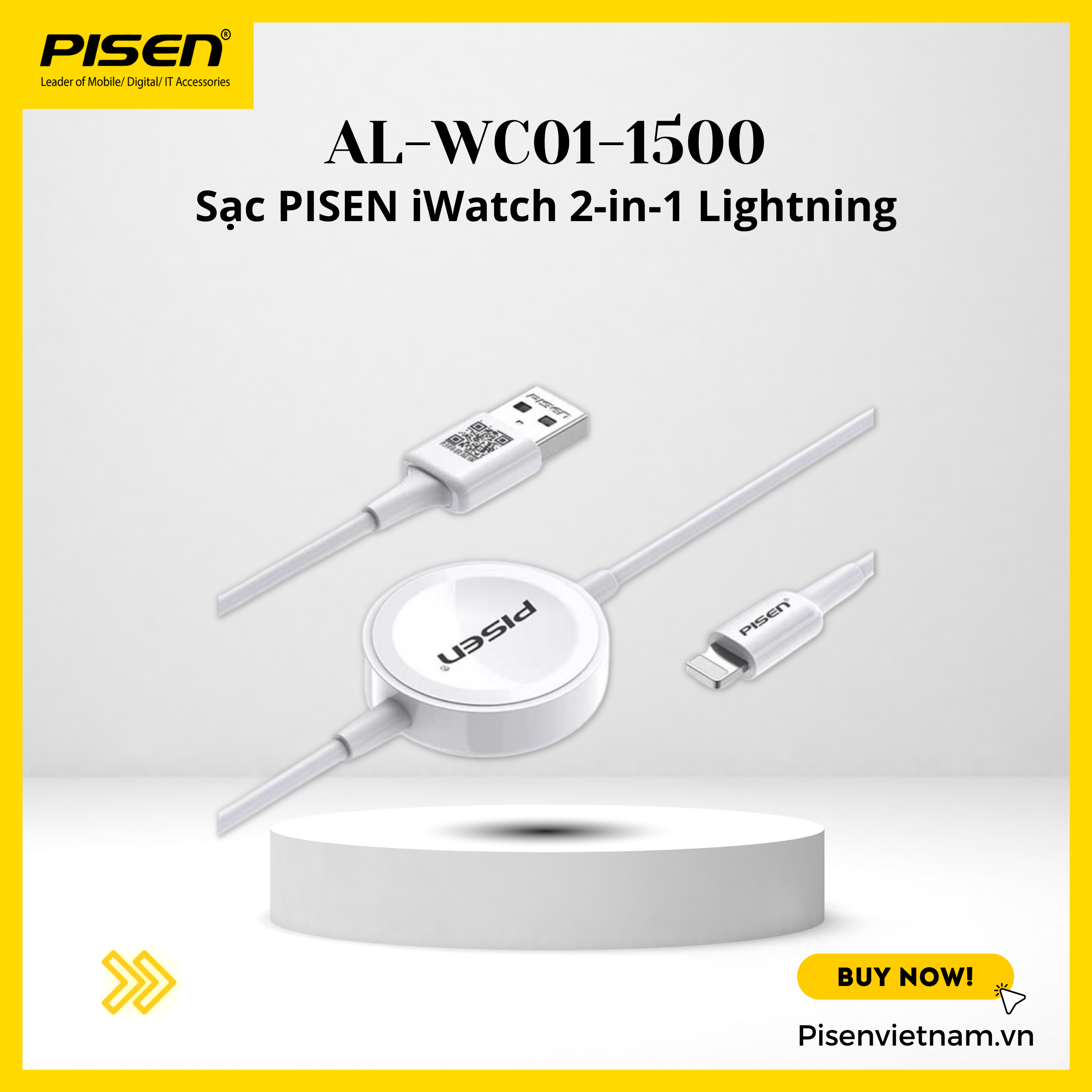 Cáp sạc I phone 2 trong 1 Lightning PISEN 1.5m (AL-WC01) - Bảo Hành 18 tháng