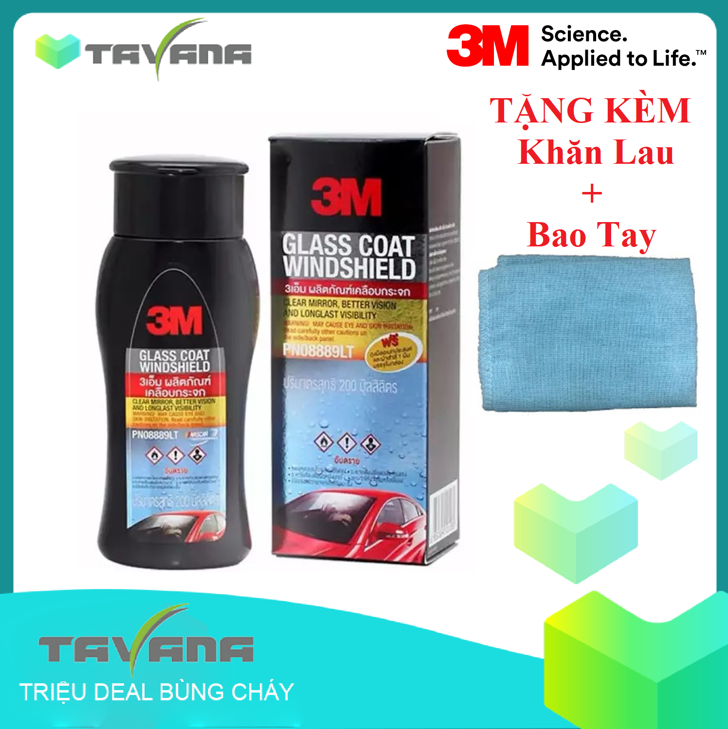 Dung dịch rửa kính chống bám nước trên kính xe 3M 08889 LT 200ml ( Tặng khăn + bao tay )